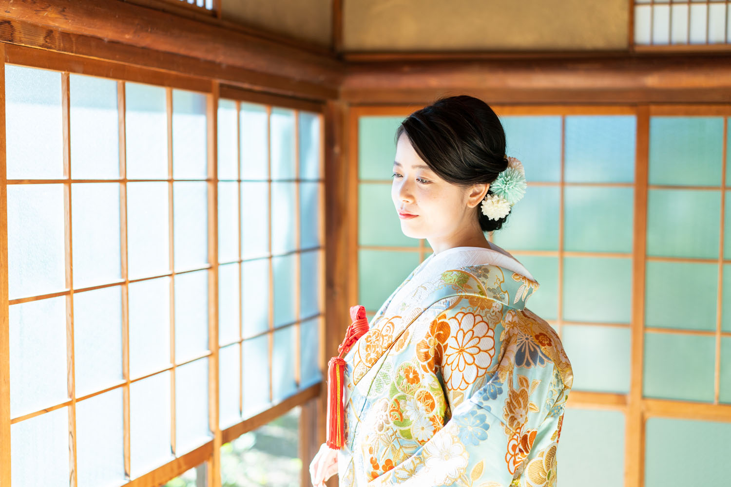 水色の豪華な色打掛姿で前撮り