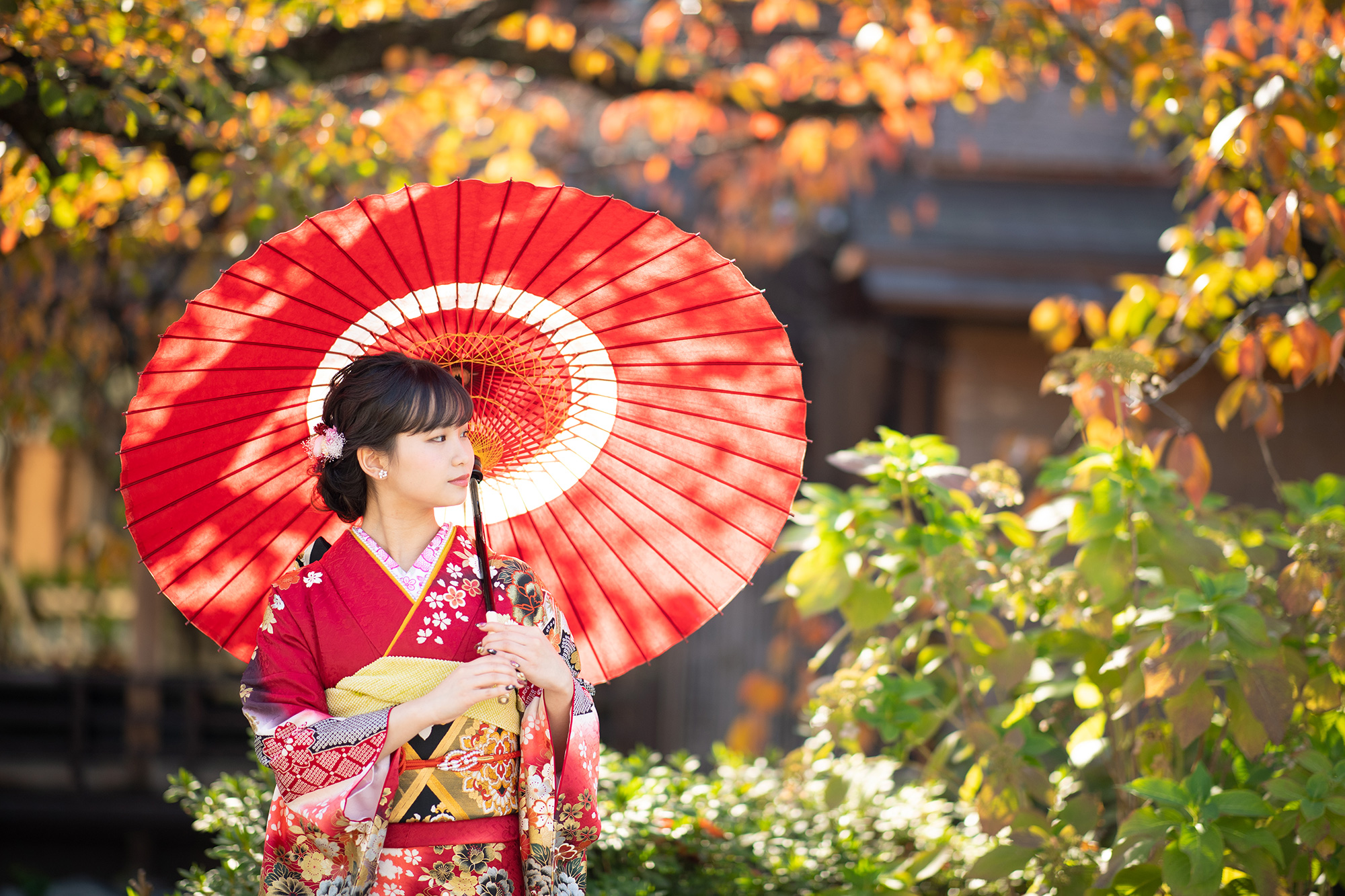 祇園で振袖撮影和傘あり