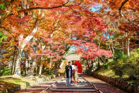 京都の毘沙門堂で前撮り。紅葉がきれいです。