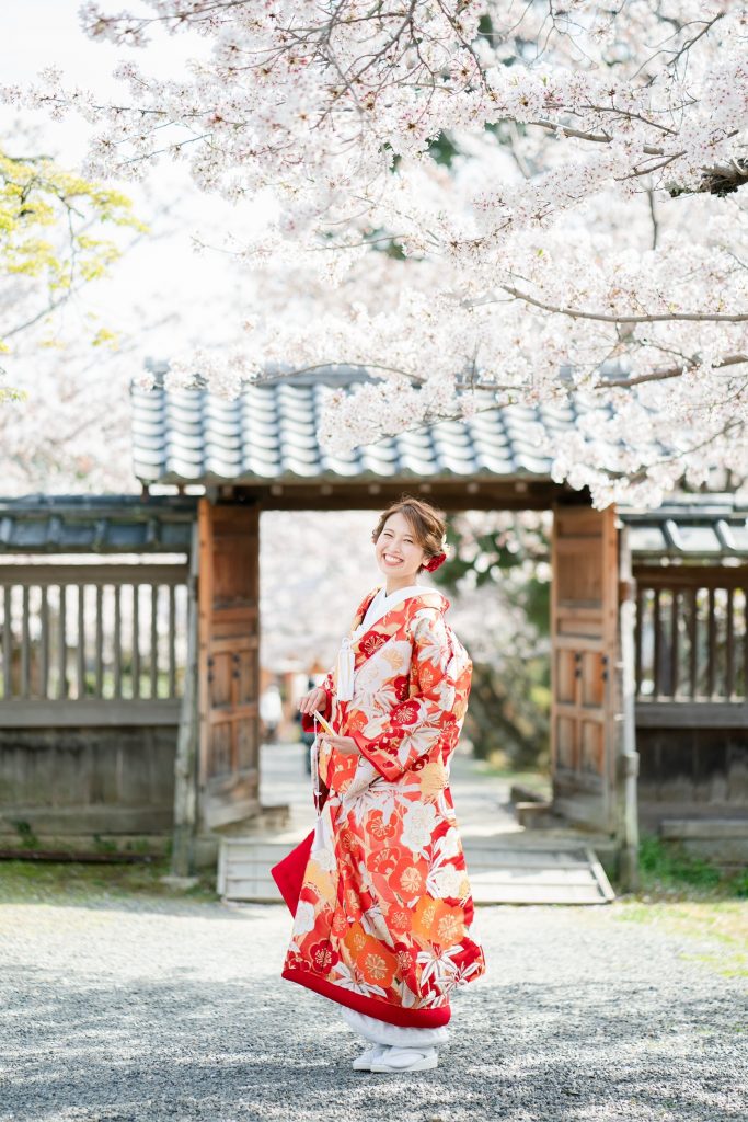 桜の大覚寺で前撮り（色打掛）