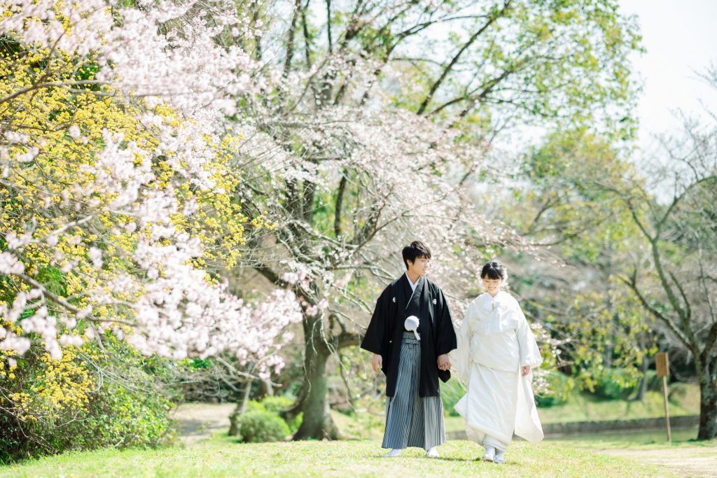 桜のある場所を歩く新郎新婦