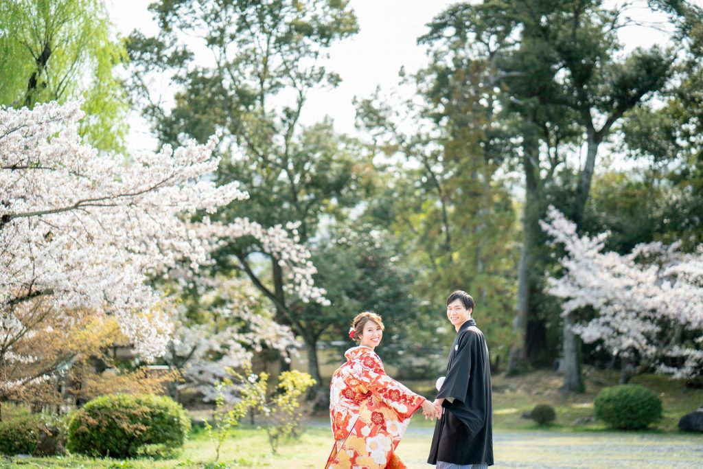 大沢の池周辺の桜と新郎新婦