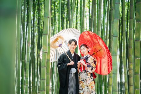 大覚寺の竹林で引き振袖