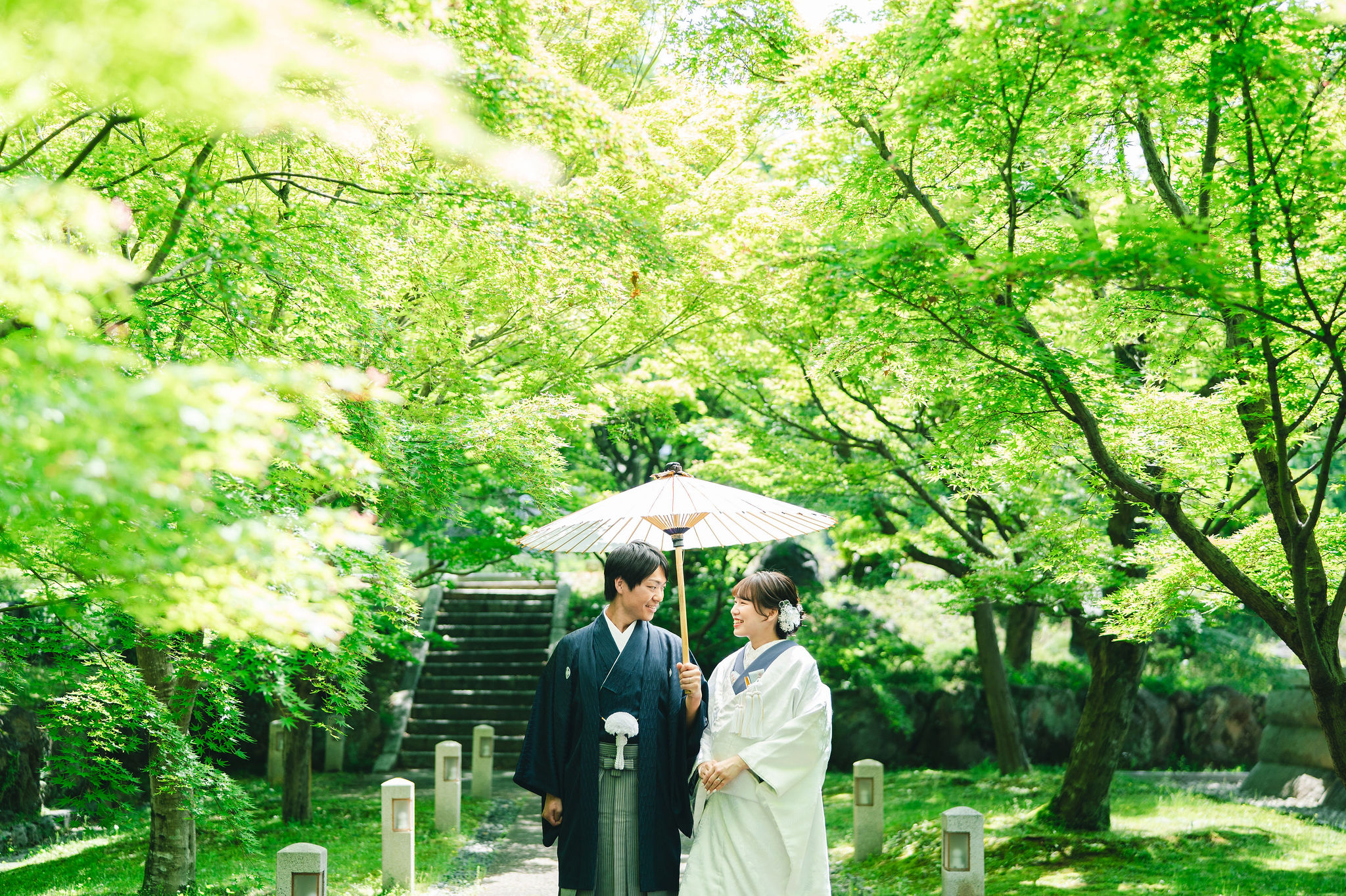 新緑の季節、智積院で和装前撮り。青モミジに囲まれて